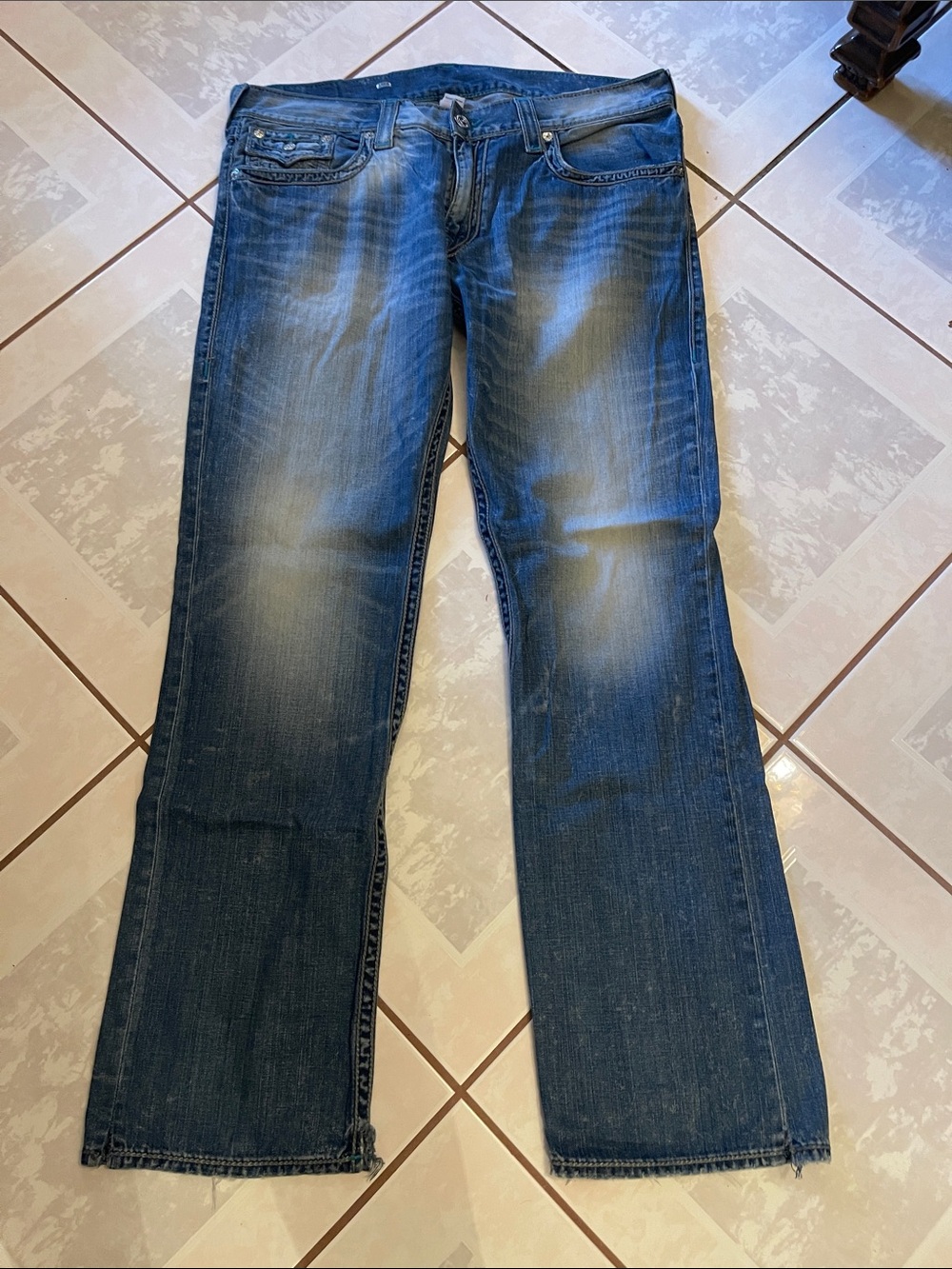 True Religion Men's Bootcut Jeans in Distressed Blue